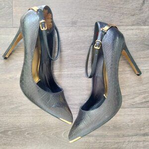 Ted Baker Black Ankle Wrap Pumps Heels Stiletto w/ Gold Details Womens Size 40.5